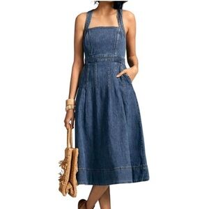 Anthropologie Pilcro Square Neck Denim Med Blue Midi Dress Pockets SeamingSize 1